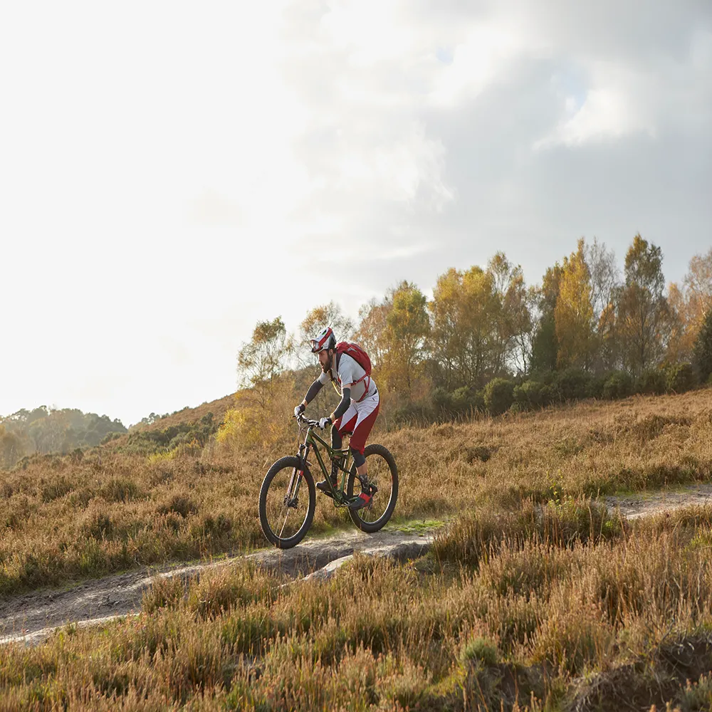 A man mountain biking down grassy mountainside