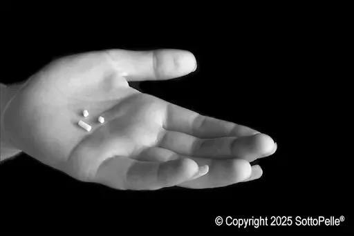 Medication pellets in hand black and white